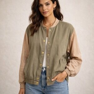 VTG 90s Silk Exchange Colorblock Bomber Jacket Olive Tan Snap M Minimalist